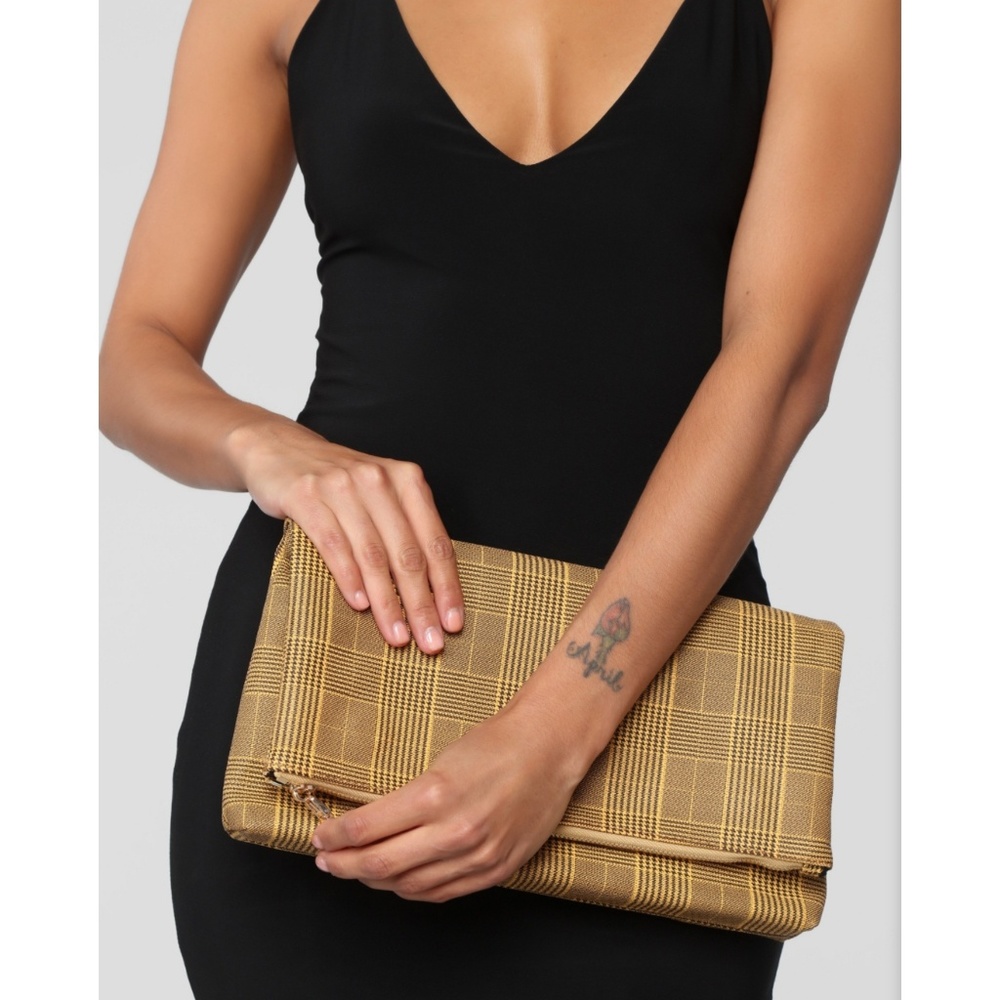 Faux Leather Plaid Roll Over Clutch with Chain